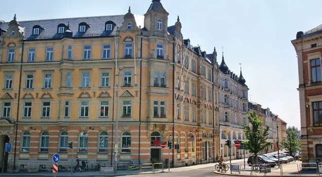 Denkmalgeschützte Kupferfassade, Sparkasse Mittelsachsen, Freiberg